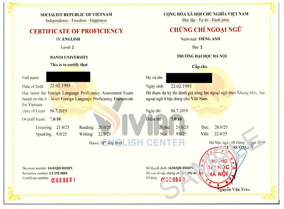 Mẫu chứng chỉ tiếng Anh A2 Đại học Hà Nội