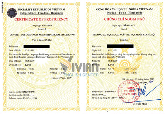 Mẫu chứng chỉ tiếng Anh B1 Bộ Giáo dục