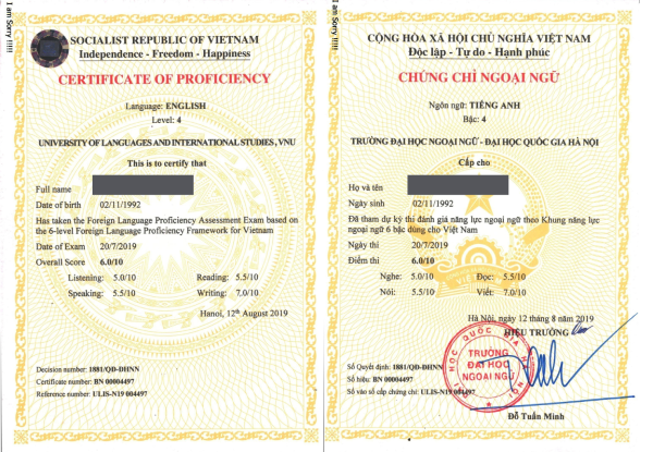 Mẫu chứng chỉ tiếng Anh B2 Bộ Giáo dục