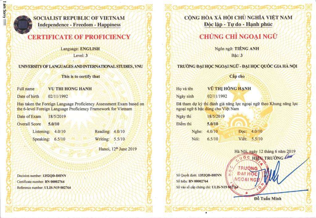 Chứng chỉ VSTEP B1 Trường ĐH Ngoại Ngữ ĐHQGHN